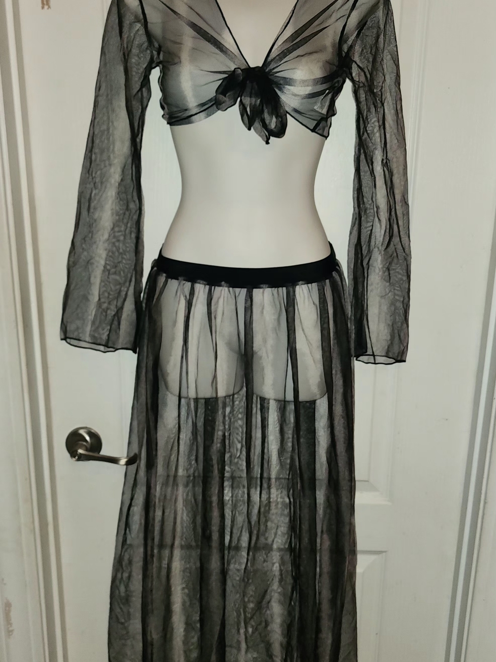 Sheer Two-Piece Black Mesh Tie-Front Top and Maxi Skirt